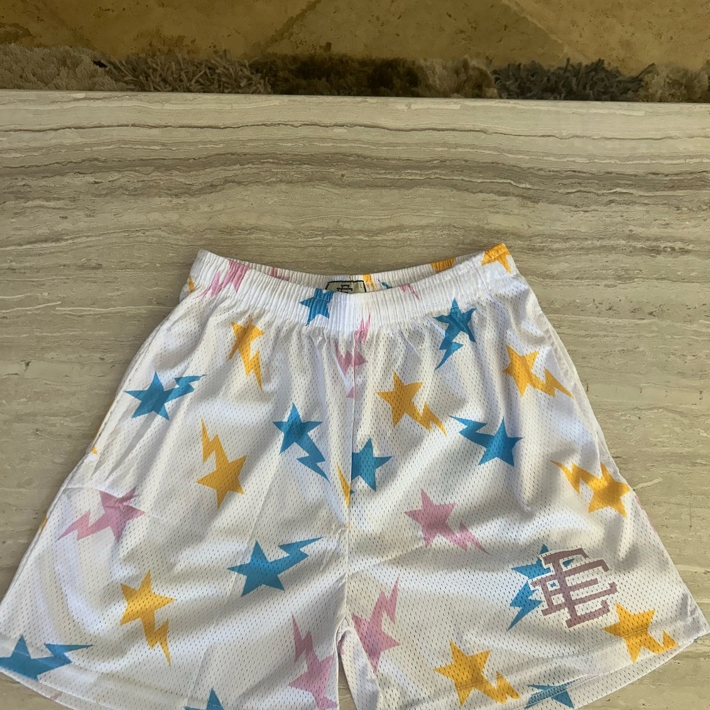 Eric Emanuel White Shorts with Blue, Yellow, and Pink Stars